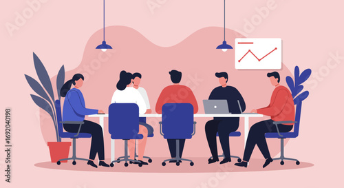 Diverse business team collaborating in a modern office meeting, discussing strategy and analyzing growth. Ideal for corporate, teamwork, or project development concepts.