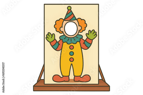Playful vector clown character in colorful costume with frame board, carnival or circus themed illustration.