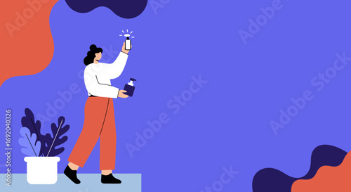 Person presenting a new product or innovative solution with a glowing bottle illustration. Ideal for business, health, beauty, and concept visuals.