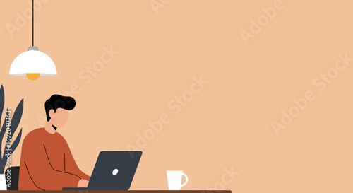 Focused person working on a laptop at a minimal desk setup with a plant and coffee mug, ideal for remote work, business, or education concepts.