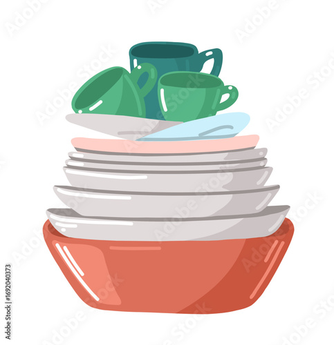 Stack of empty kitchen crockery - bowls, plates and cups in different colors isolates on white background