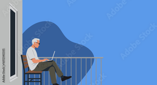 Senior man with glasses working remotely on a laptop from his apartment balcony, enjoying a relaxed yet productive digital lifestyle outdoors. Ideal for business, technology, or lifestyle themes.