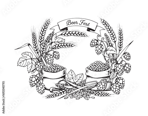 Barley and wheat, malt and hops. Beer of Beer Fest. Engraved in ink, hand-drawn in an old sketch and vintage style for a web or pub menu. Design element isolated on a white background.