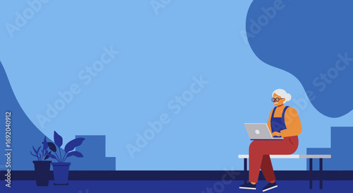 Smiling senior woman confidently using a laptop outdoors, representing active modern aging, remote work, and digital connectivity. Perfect for lifestyle and technology.