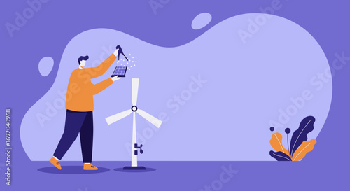 A person tending to solar panels and a wind turbine, symbolizing sustainable energy development and eco-friendly solutions for a green future.