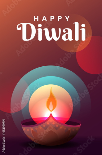 Happy Diwali Poster with Diya Lamp Vector Illustration. Indian festival of lights Design. Suitable for Greeting Card, Banner, Flyer, Template.
