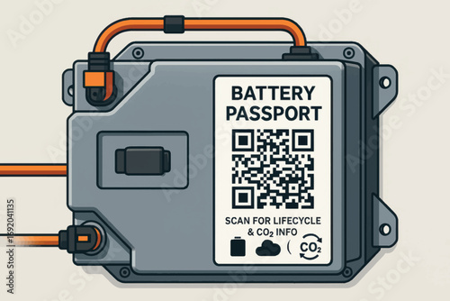 Vector image of battery module with QR-enabled passport label for scanning lifecycle and carbon data in EV and industrial applications.