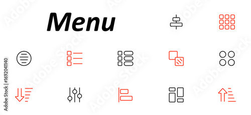 Menu set icon. Collection of menu layout icons with various arrangements of lines, dots, sliders, blocks, and arrows in red and black line styles across circular, vertical, and grid formats.