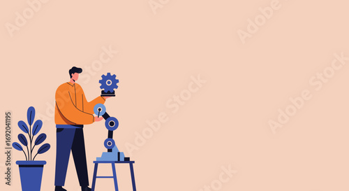 Man actively working with a robotic arm and gear, symbolizing automation, technological innovation, engineering, and future industry solutions.