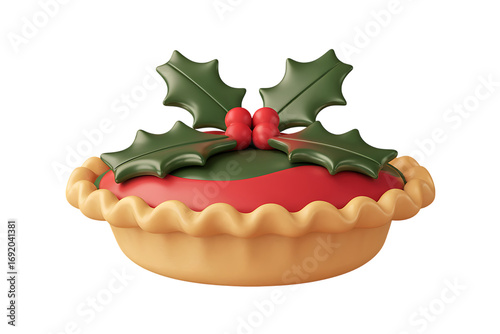 A Delightful 3D Render of a Festive Christmas Pie, Adorned with Holly and Berries, Perfect for Holiday Celebrations isolated on transparent background	