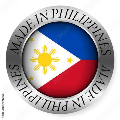 Made in Philippines button icon. Circular emblem with metallic border, glossy central flag, and bilingual label indicating product origin and international manufacturing identity.