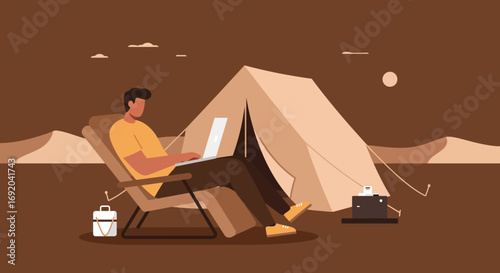 Man working remotely on a laptop in a desert camp, embodying the digital nomad lifestyle. Ideal for business, travel, and freedom concepts.