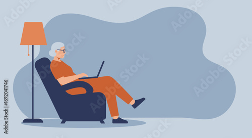 Senior woman relaxing in an armchair, engaging with a laptop. Illustrates active aging, digital literacy, and comfortable remote work/leisure.
