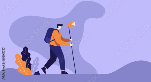 Hiker with backpack and flag staff on an adventurous journey through a stylized landscape. Represents exploration, determination, and goal achievement.