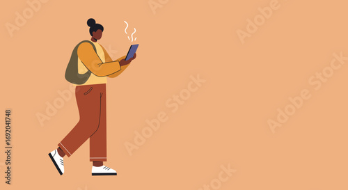 Modern person walking while actively using a smartphone, symbolizing digital connectivity, communication, and on-the-go lifestyle. Ideal for technology, social media, or urban living concepts.