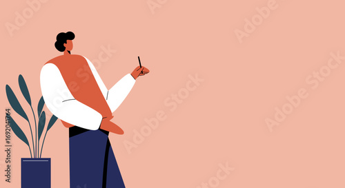 Minimalist illustration of a professional holding a pen, engaged in planning or presenting. Ample copy space for business, education, or creative messaging.