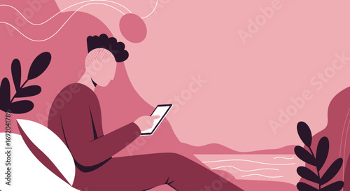 A young person with dark, curly hair sits comfortably, deeply engaged with their digital tablet amidst a serene, abstract pink landscape.
