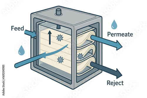 Technical vector illustration of UF/RO cassette filtration system showing membrane structure and directional water flow in treatment.