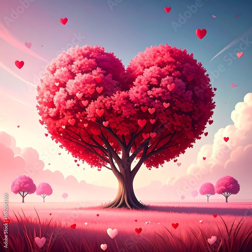 Heart-shaped tree in a vibrant pink landscape