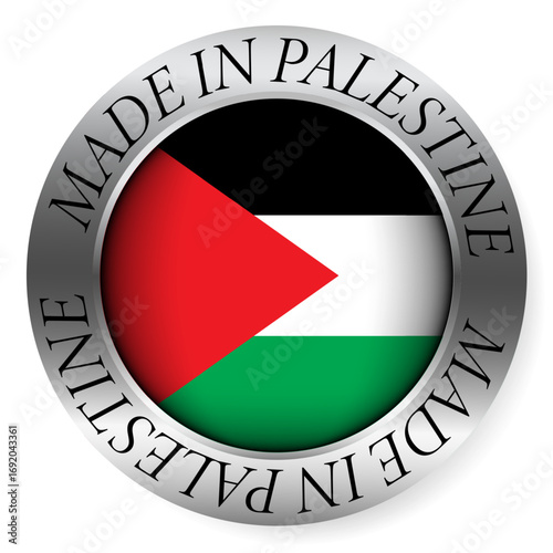 Made in Palestine button icon. Circular emblem with metallic border, glossy central flag, and bilingual label indicating product origin and international manufacturing identity.
