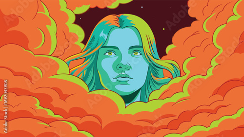 Vector illustration of a girl with long hair and green eyes in the clouds.