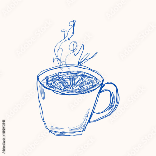 Blue ink sketch illustration of a mug with hot beverage. One-line vector hand drawing.