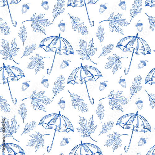 Seamless pattern with blue ink sketch illustration of an umbrella, acorns and autumn leafs. One-line vector hand drawing.