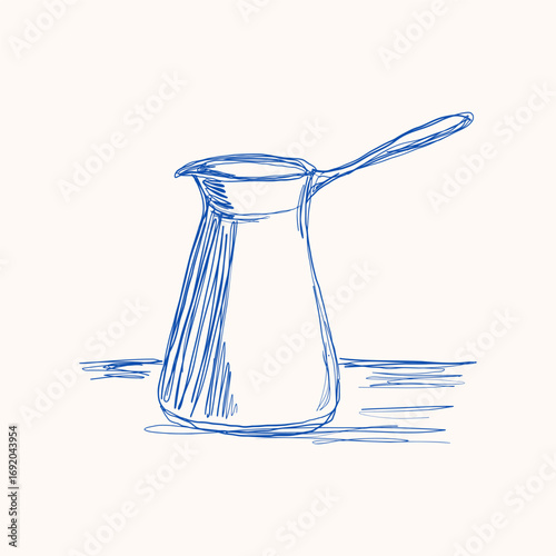 Blue ink sketch illustration of a cezve. One-line vector hand drawing.
