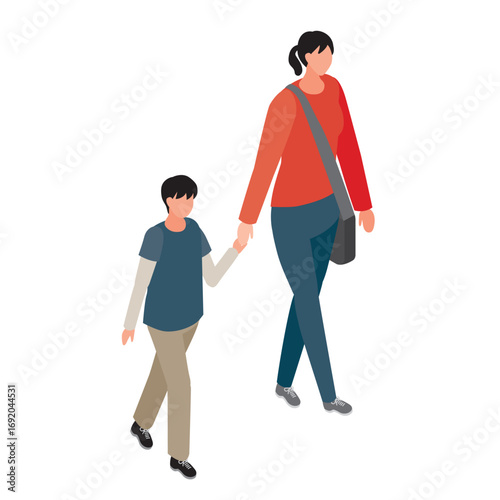 母親と子どもが手をつないで歩くイラスト