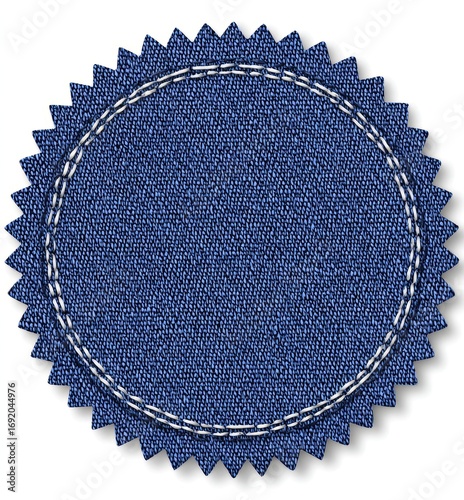 Dark blue denim circular badge with starburst border