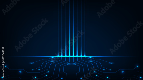 Line circuit board with glowing electronics element on blue background, Hi tech panal of connected line