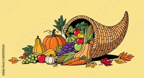 Abundant Autumn Cornucopia Filled with Harvest Fruits and Vegetables