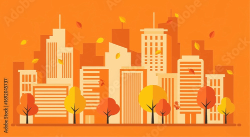Sketchy Autumn Cityscape with Buildings and Fall Foliage in Orange Tones