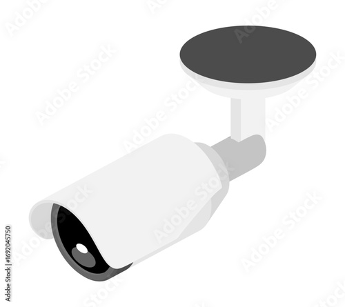 White security camera with short mounting arm and circular base, black lens area facing downward and slightly sideways
短い取付アームと円形台座付きの白色セキュリティカメラ、下向きかつやや横向きの黒色レンズ部