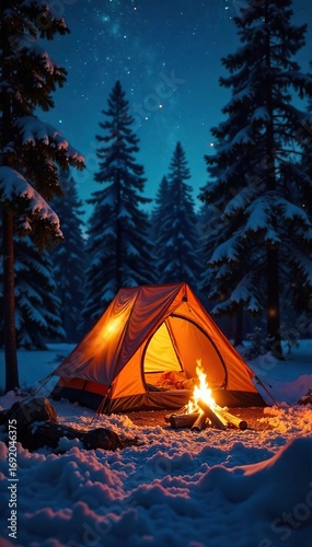Cozy camping scene at night, warm firelight illuminating a tent and surrounding nature Perfect for winter camping, hygge, or outdoor adventures Enjoy the peaceful ambiance , warm light, forest, cold