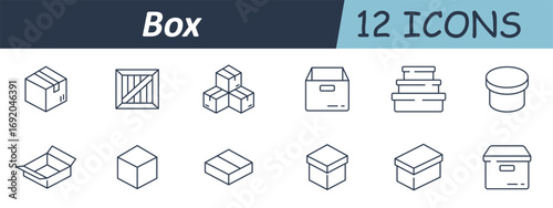 Box set icon. Cardboard container, open lid, crate wood, stack pile, package shape, delivery object, rounded jar, square form, shipment unit, flat parcel, storage bin.