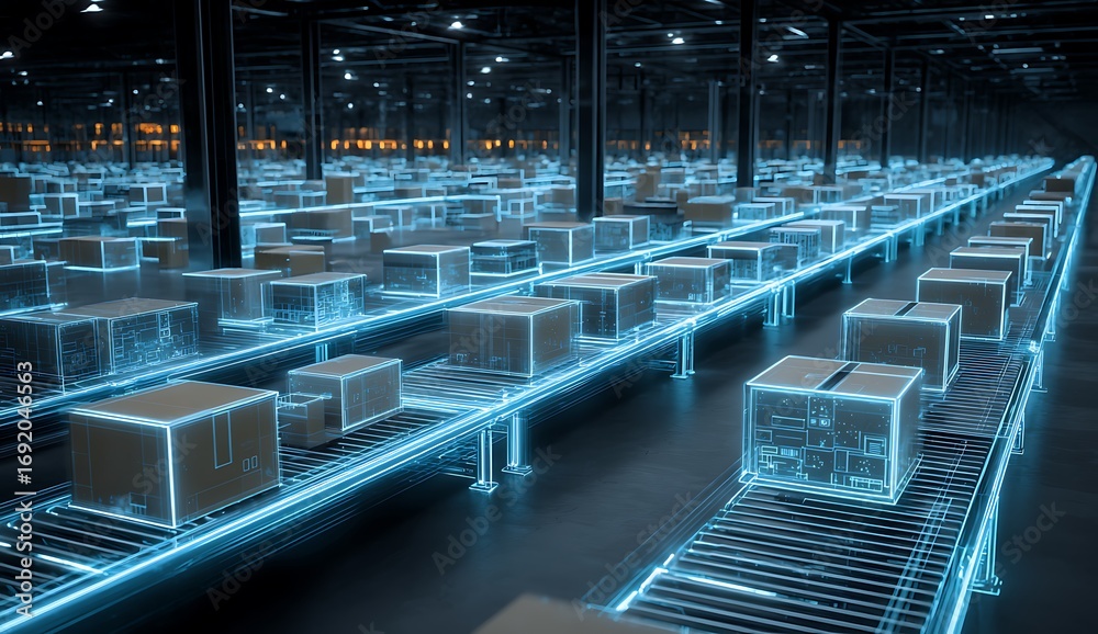 Fototapeta premium Futuristic automated warehouse with glowing conveyor belts and boxes