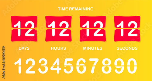 Countdown timer icon. Flip-style numeric display showing days, hours, minutes, seconds with brown background, bold split numbers, and a clear time-remaining header in white text.
