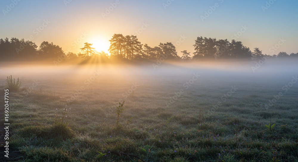 Naklejka premium Golden sunrise over a misty field with sunbeams filtering through the trees in the background.