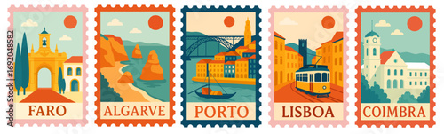 SET OF PORTUGAL STAMPS ILLUSTRATION (PORTO, LIBOA, FARO, ALGARVE, COIMBRA)