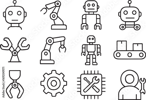 Robotics and Industrial Automation Icons in Outline Style Keywords: robot head, robotic arm, robot, wheeled