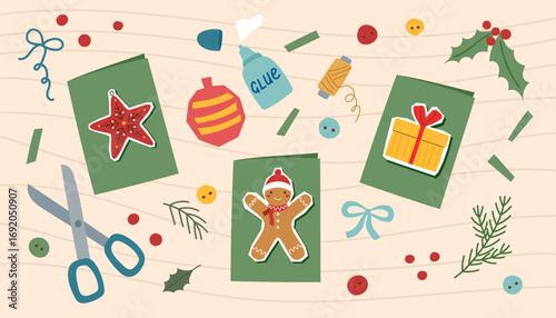 Handmade Christmas greeting cards. Sustainable Christmas concept banner. Eco friendly Christmas gifts.	
