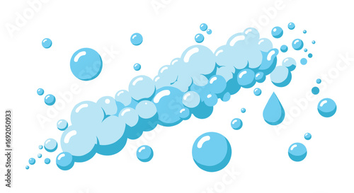 Blue bubbles and water droplets in flat design on white background