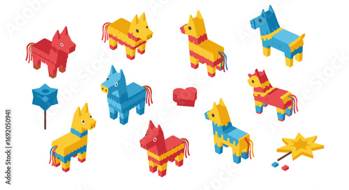 Colorful isometric pinata collection with heart and candy icons