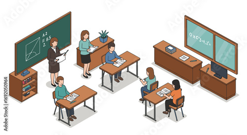 Isometric classroom scene with students and teacher engaged in learning activities