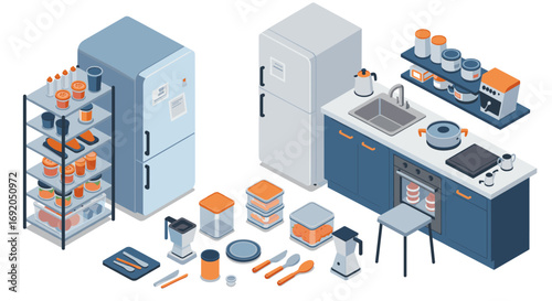 Modern kitchen interior with appliances and shelves in isometric style