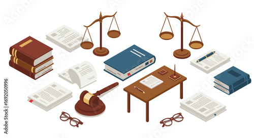 Isometric office supplies and legal essentials with scales and books on desk
