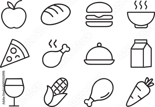Food and drink icons set with apple bread burger soup pizza fruit