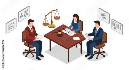 Isometric business meeting with lawyers discussing legal documents at office table