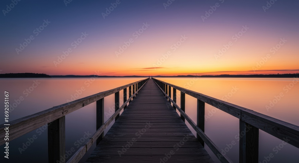Fototapeta premium Serene Sunset over Calm Lake with Wooden Dock